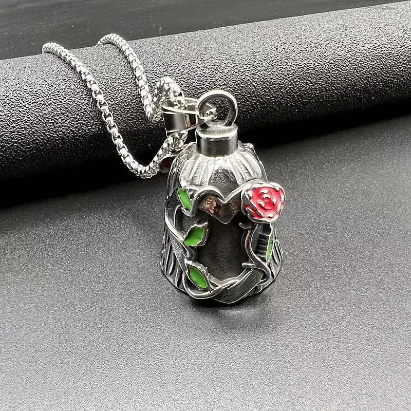 Titanium steel vintage polished motorcycle lucky bell with double-sided epoxy rose design in retro steel colour