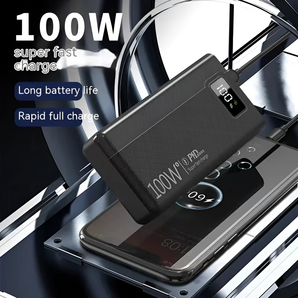 Large capacity power bank in black or white plastic casing with compact dimensions
