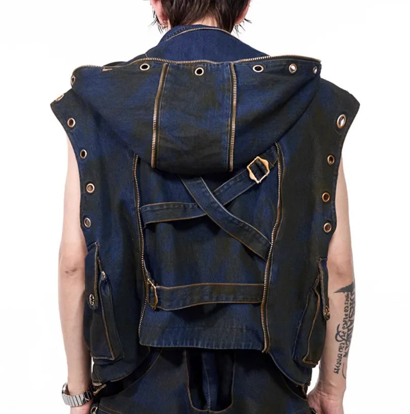 Blue hooded denim vest coat and matching trousers two-piece set Korean style