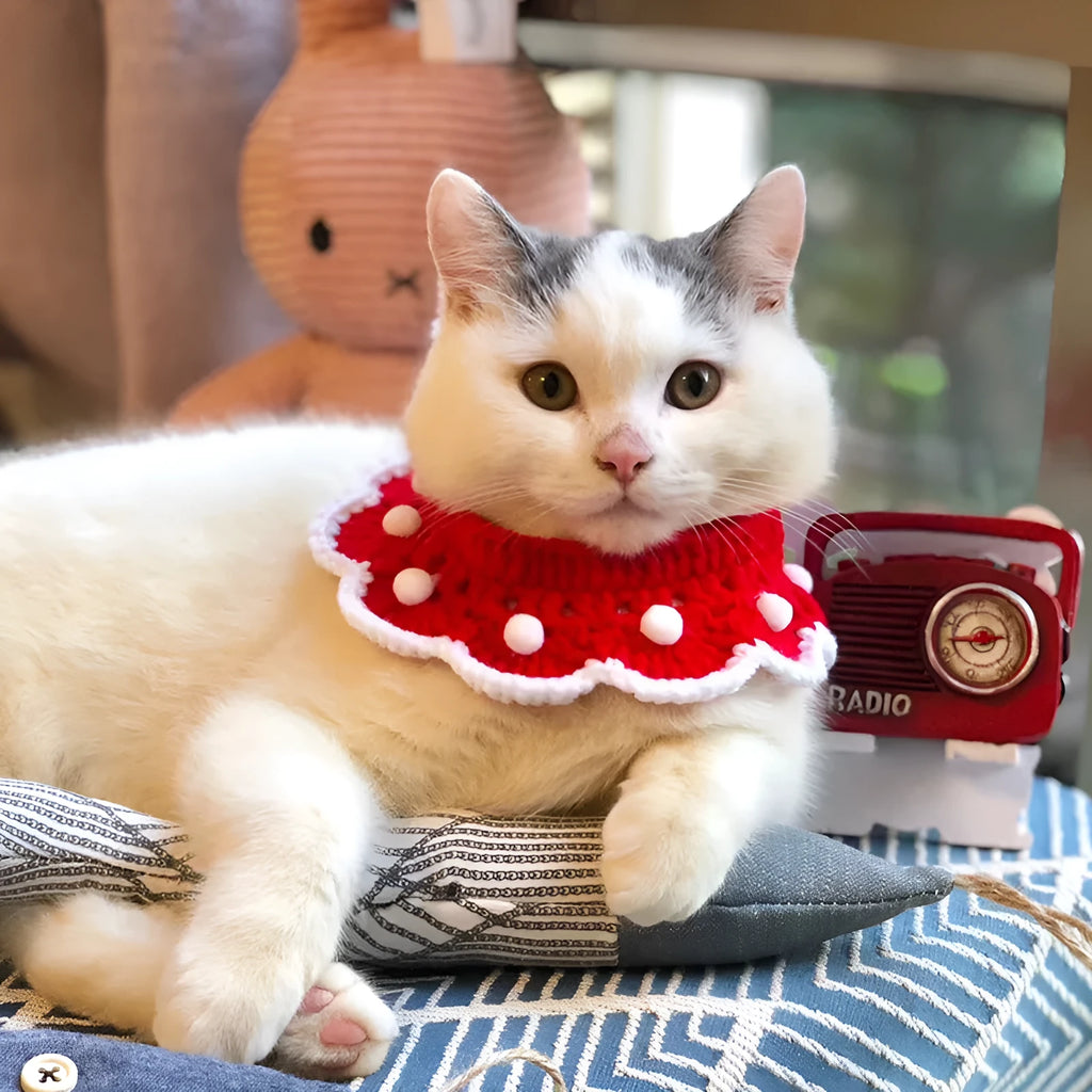 Knitted milk cotton pet collar with cartoon pattern in various colours and sizes for small animals.