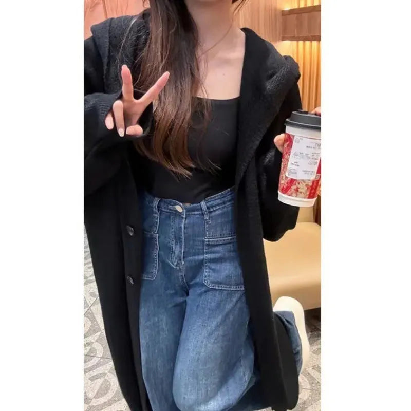Korean idle style hooded long cardigan in wool blend polyester fabric below-the-knee length