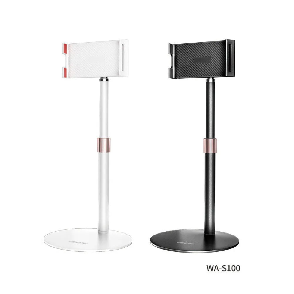 Metal tablet computer bracket with telescopic arm extended, holding an 11-inch tablet