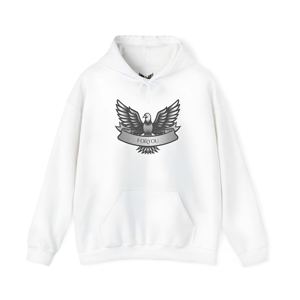 A solid colour cotton blend pullover hoodie for men and women with long sleeves and a hood.