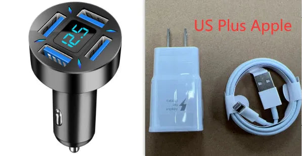 Black four-port USB car charger with LED digital display plugged into a vehicle socket.