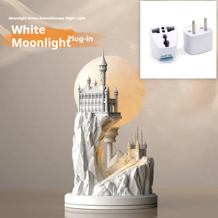 White composite gypsum table lamp with plug and wire switch on a table.