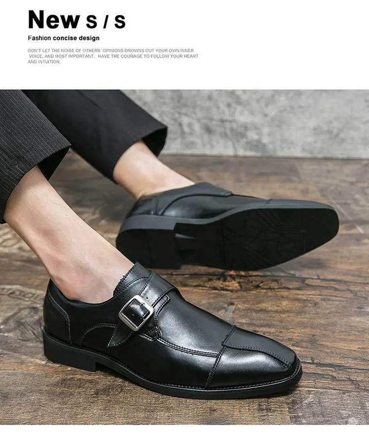 Men's brown blue and black retro buckle leather shoes with a tall high upper