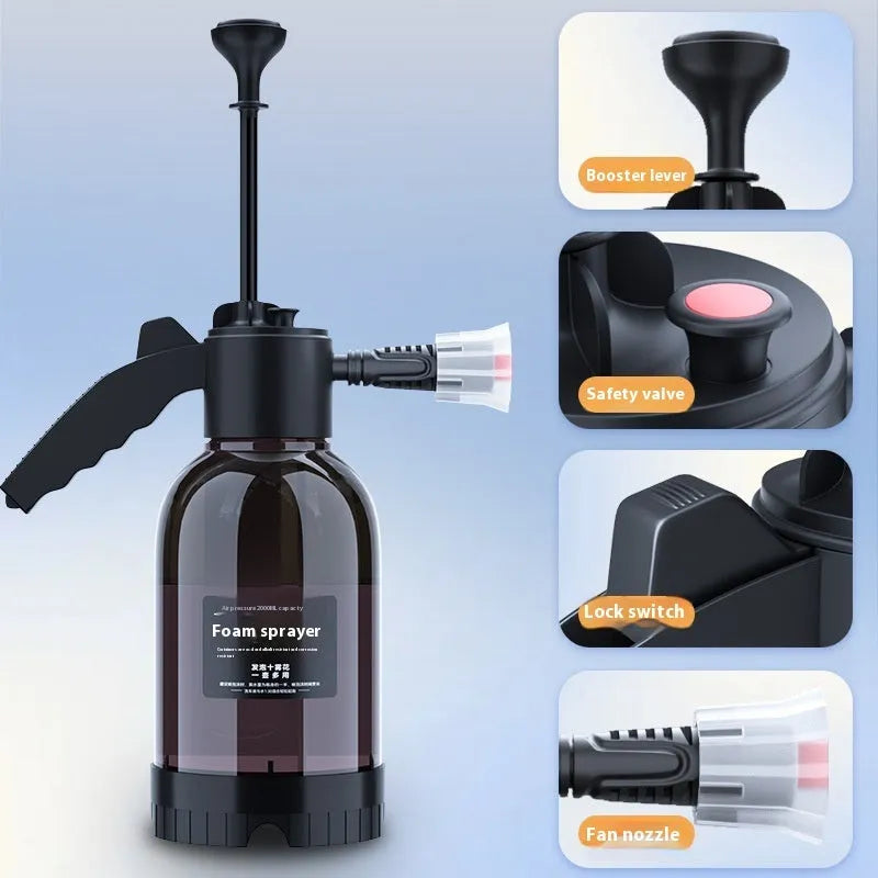 Black hand-held foam watering can with switch lock and two nozzles for garden and vehicle use