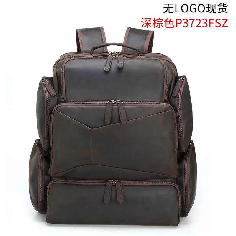 Dark brown retro crazy horse leather backpack for men with double shoulder straps, open front pocket.