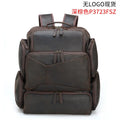 Dark brown retro crazy horse leather backpack for men with double shoulder straps, open front pocket.