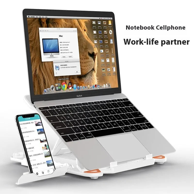 Black ABS plastic laptop stand with a cable management groove, elevating a laptop.