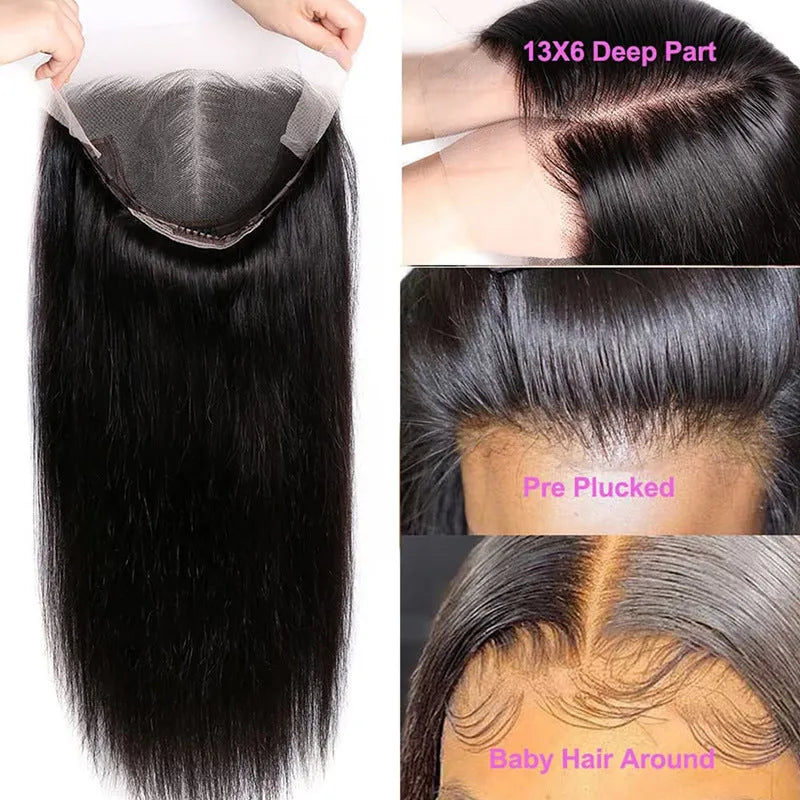 A straight, black human hair wig with a natural lace front hairline, shown at a long length.