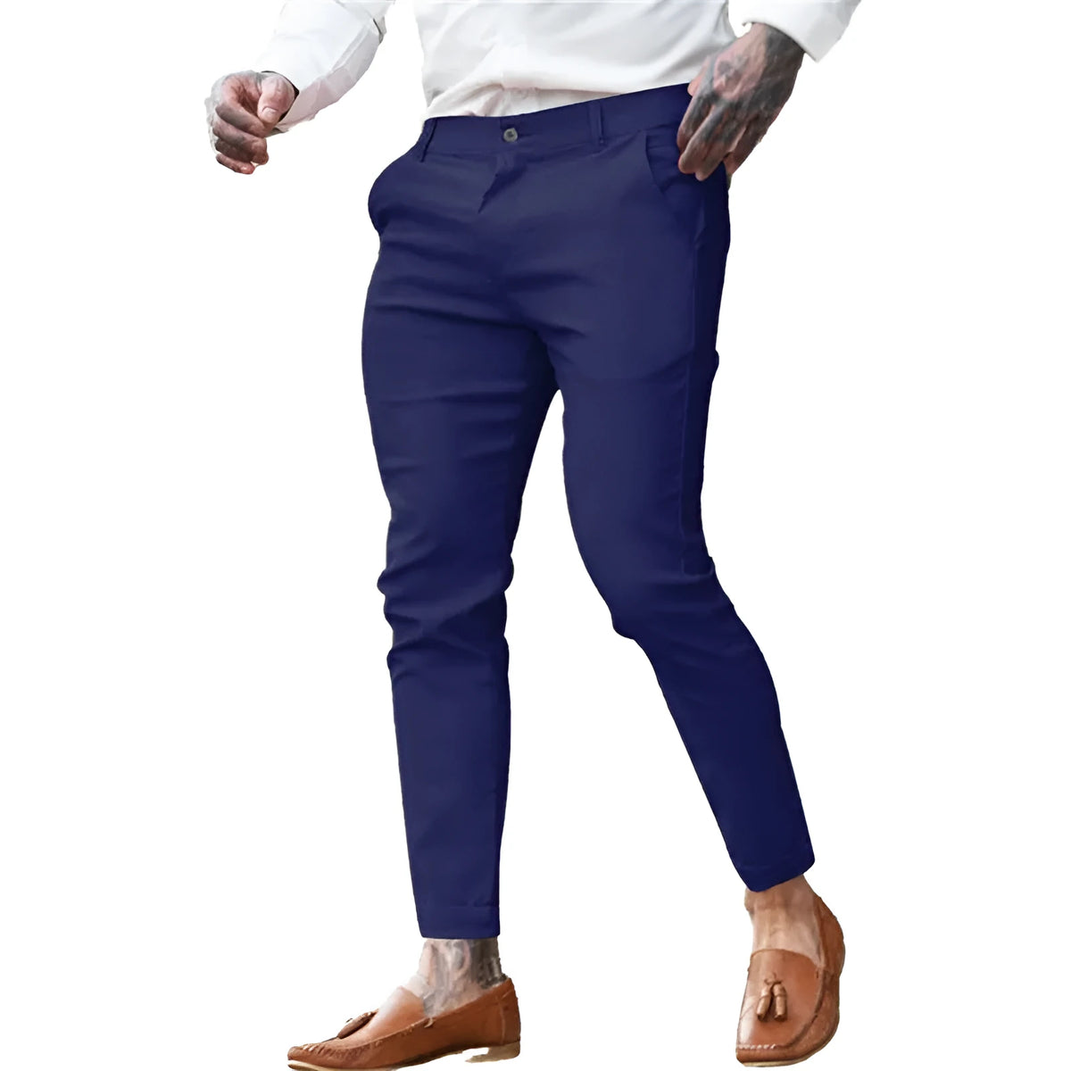 Men's slim fit pencil pants in cotton stretch fabric showing mid waist design and zipper fly closure