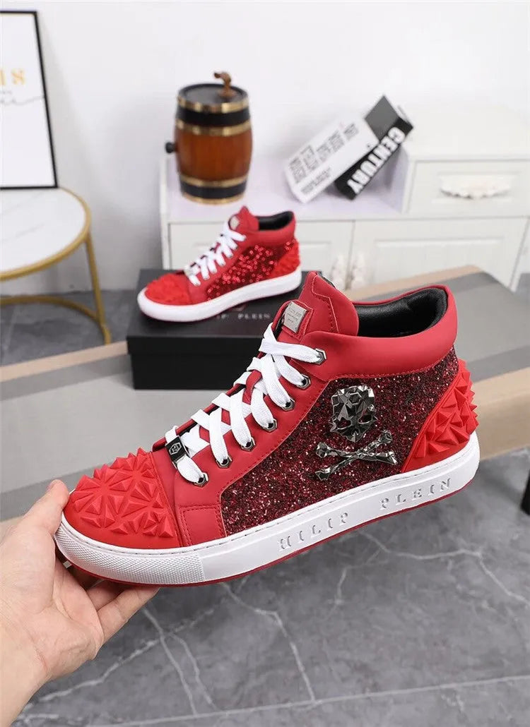 Men's black genuine leather skeleton high top shoes with lace-up front