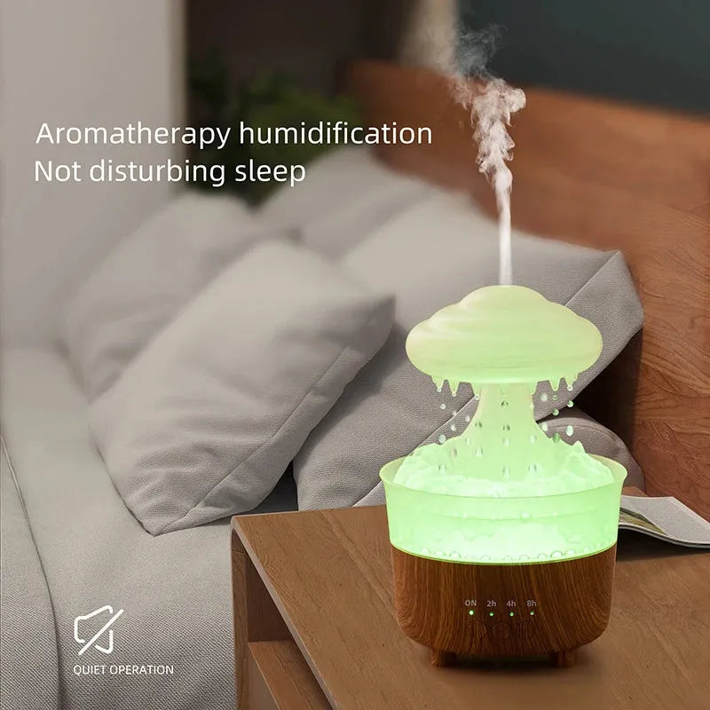 Rain cloud shaped humidifier with wood grain finish emitting mist and glowing with LED light
