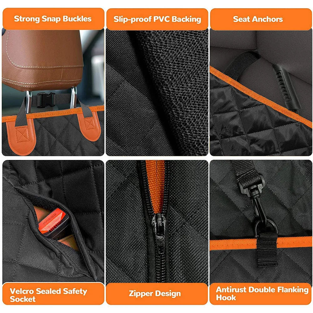 Black dog car seat cover with orange edging on a rear car seat, showing mesh window and storage pocket.