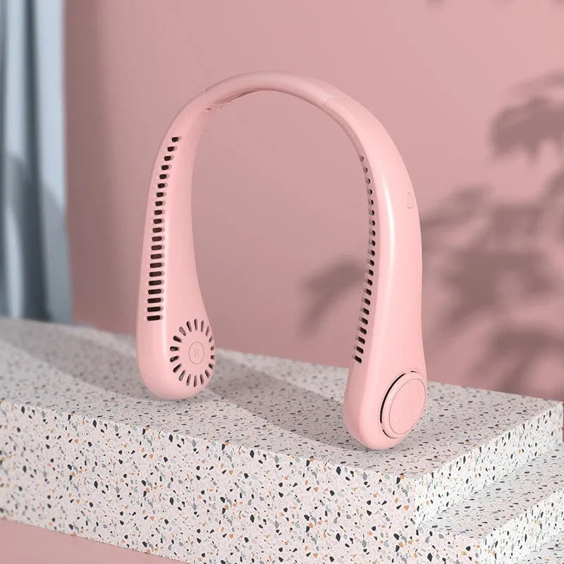 Blue portable bladeless neck fan showing USB charging port and adjustable controls