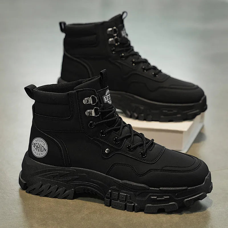 Men's black and yellow Martin boots showing mid heel height and high-top design