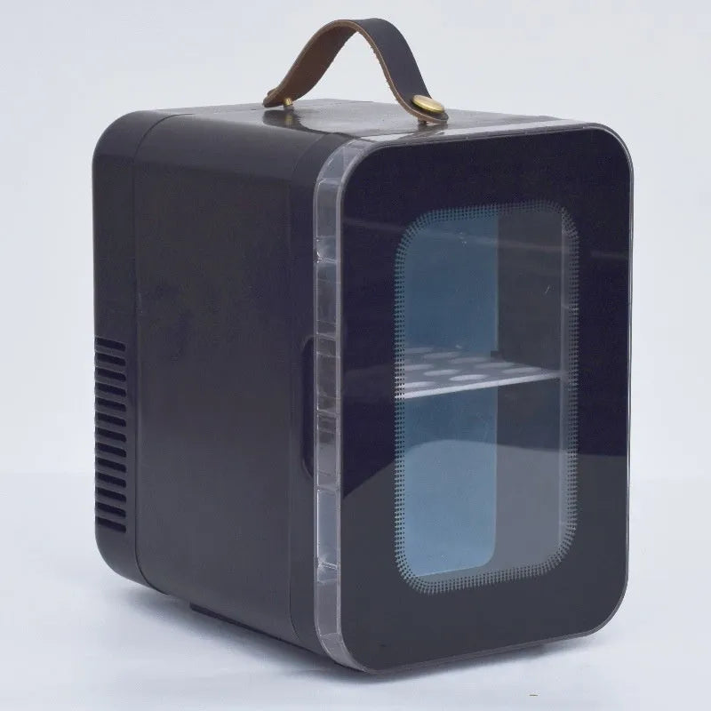 Mini refrigerator with transparent door showing 6L capacity, available in pink, black, or white colours