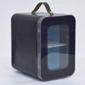 Mini refrigerator with transparent door showing 6L capacity, available in pink, black, or white colours