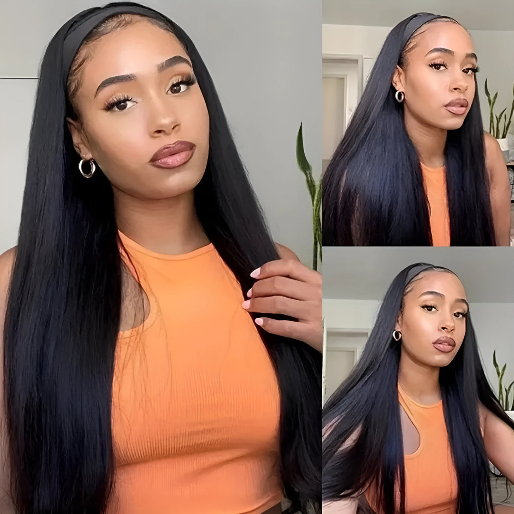 Headband wig with long synthetic hair in straight, curly and wine red colour options
