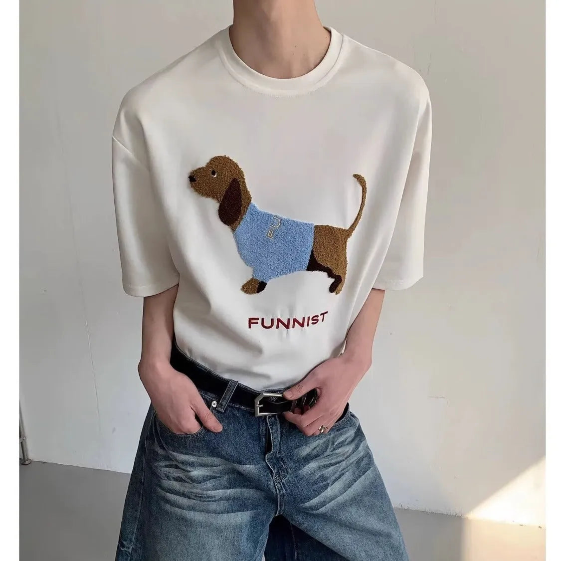 Mens grey cotton T-shirt with embroidered sausage dog towel design on front.