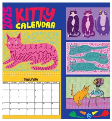A cat-themed paper wall calendar for 2024 or 2025 displayed flat.