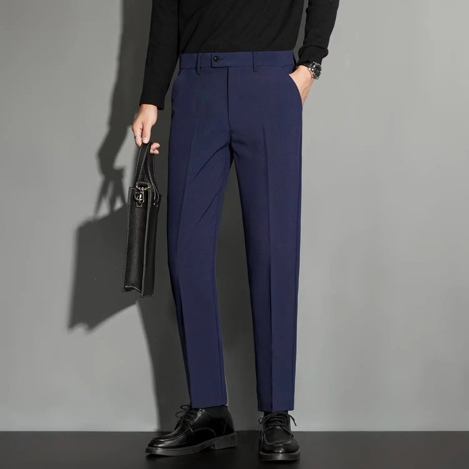 Men's straight leg suit trousers in polyester blend fabric with ankle-length cut