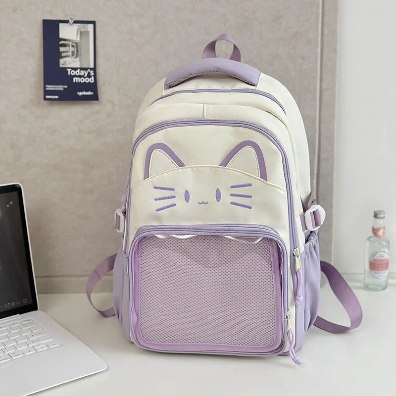 Korean cartoon anime style large capacity nylon backpack in various colours with curved shoulder straps.
