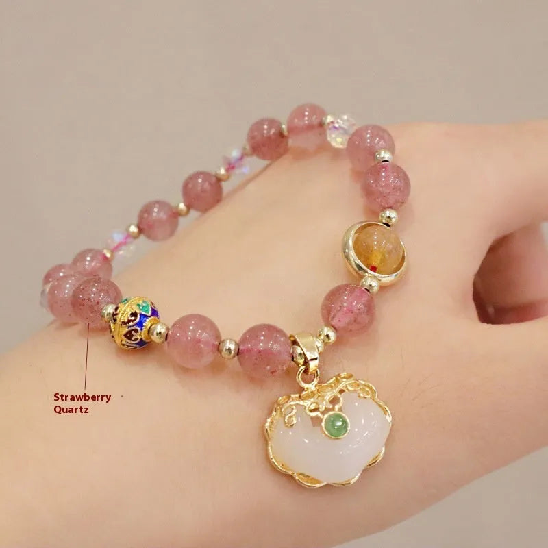 Gray jade and strawberry quartz women's bracelet with geometric metal decorations ethnic style