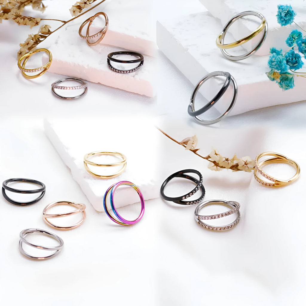Titanium alloy fork prong nose ring on a white background, showing silver and gold colour options