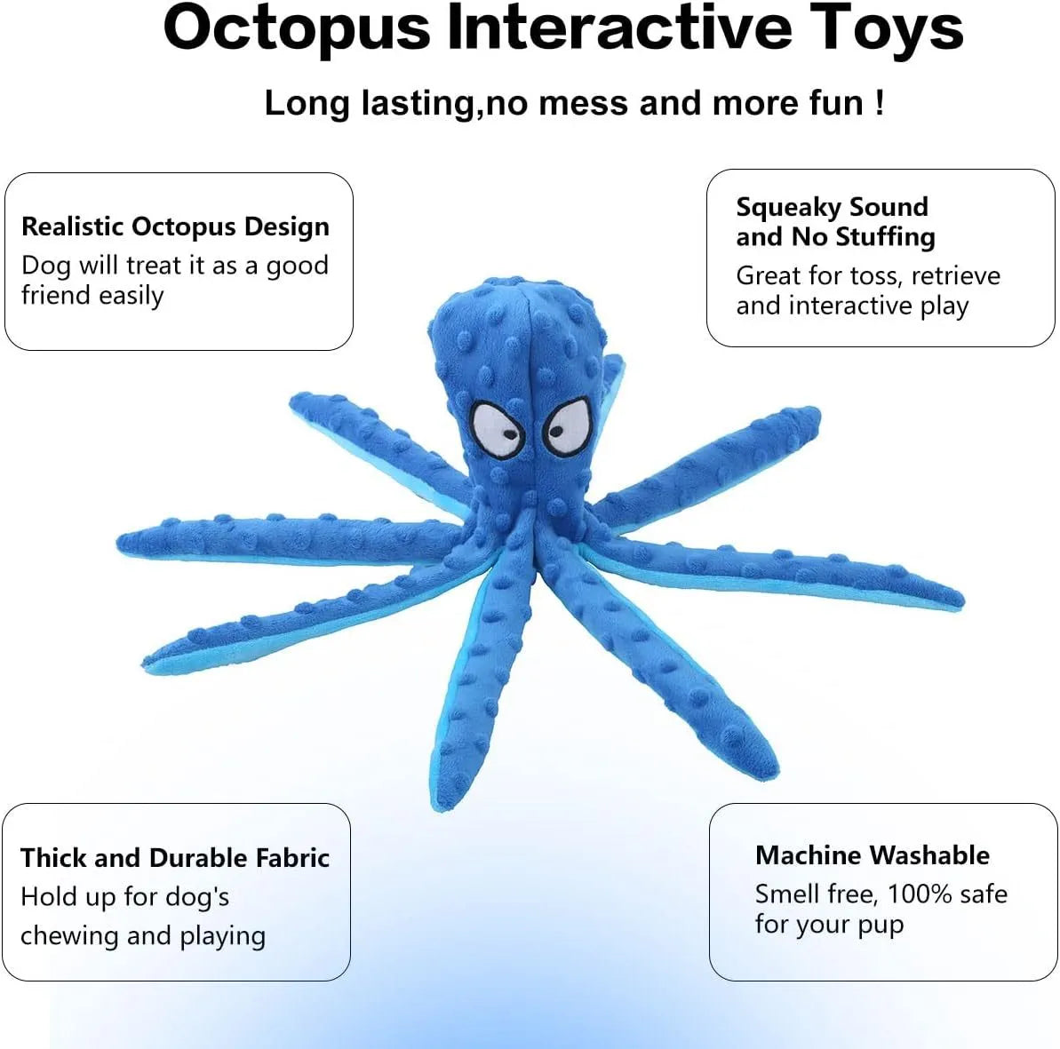 Blue octopus plush dog toy with tentacles, 32cm long no-stuffing chew toy with squeaker and crinkle sounds