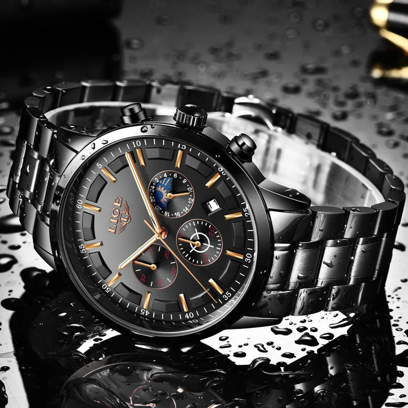 Men's waterproof quartz sports watch in black and rose red gold with 12mm thickness