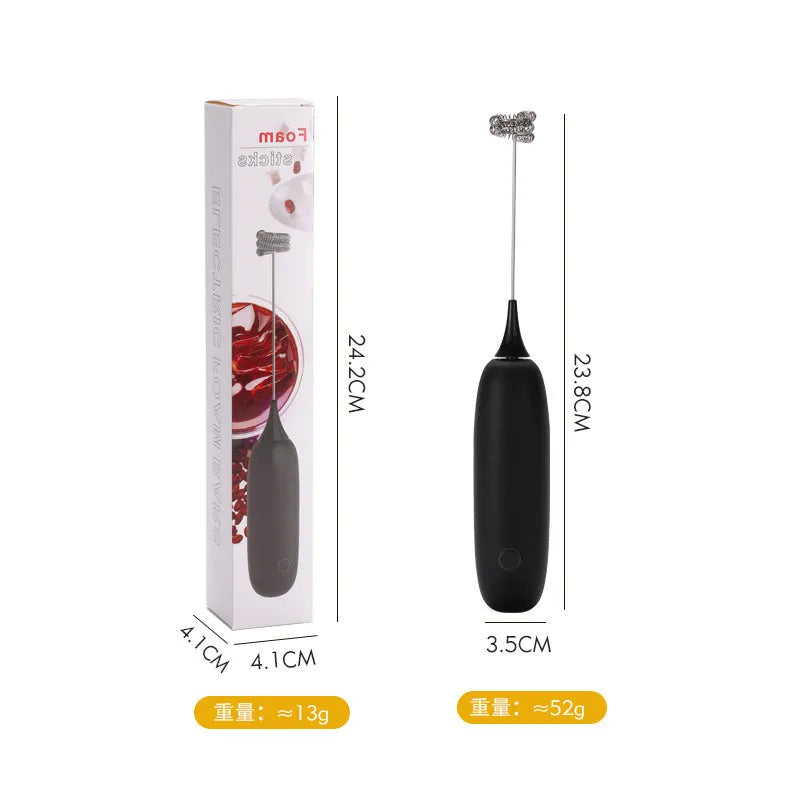 Hand-held electric milk frother in black and white colour options