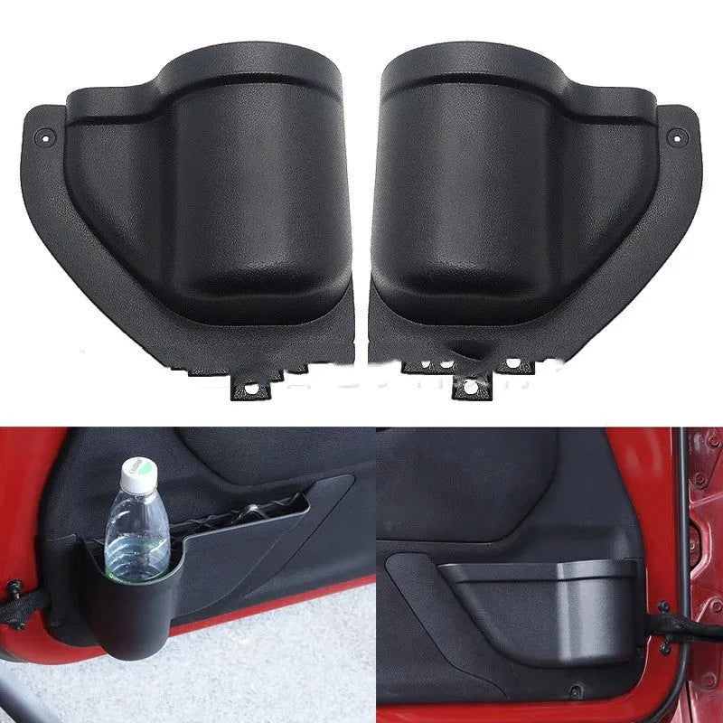Black ABS door storage box installed on Jeep Wrangler interior door panel
