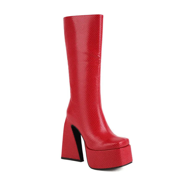 Women's casual high boots in artificial PU leather, shown in black, red, blue, and white colour options