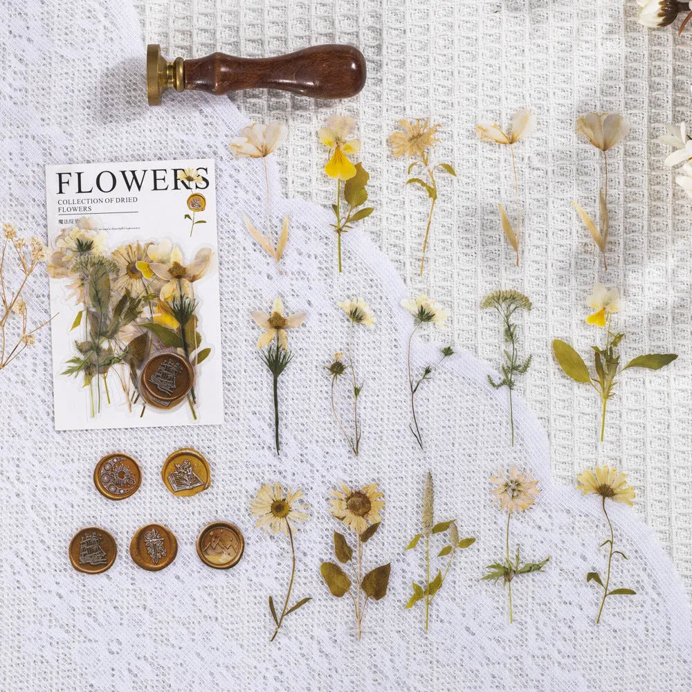 Eight styles of dried flower journal stickers in Dark Night Purple, rose nebula and other colours at 70mm size