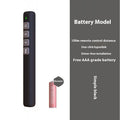 A black remote control pen for presentations with laser pointer and slide advance buttons on a white background.