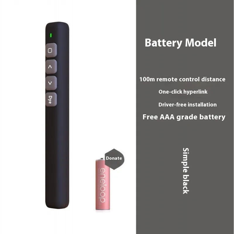 A black remote control pen for presentations with laser pointer and slide advance buttons on a white background.