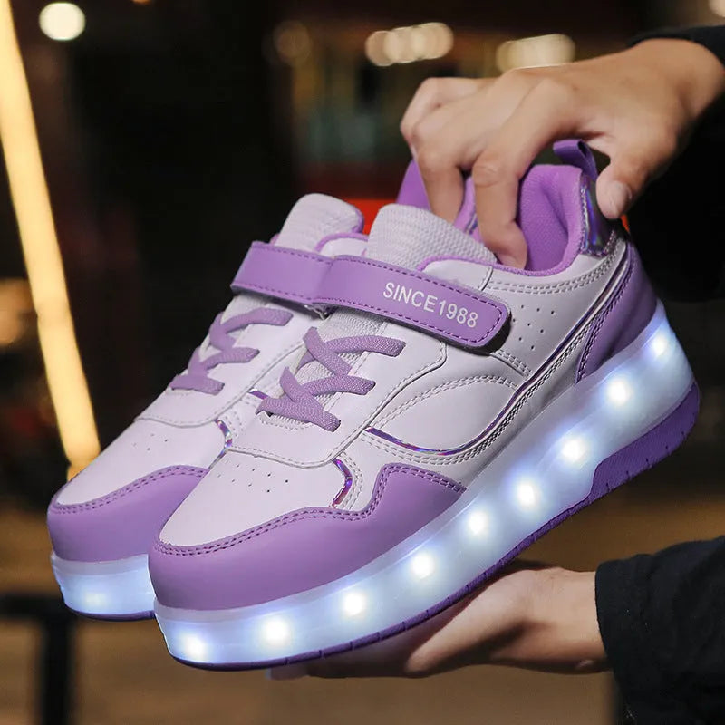 Boys and girls charging LED roller skates in multiple colours with light-up wheels