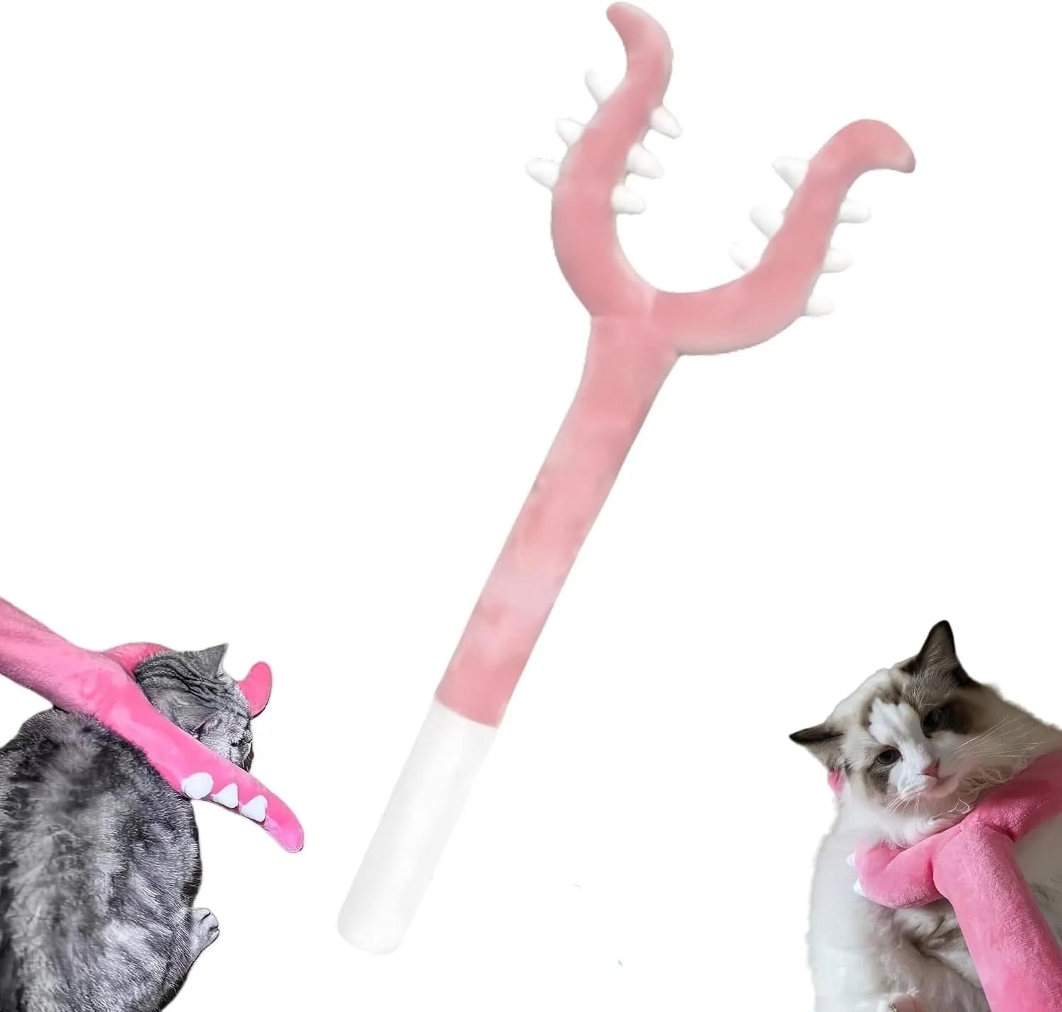 Blue and pink plush cat wand toy showing 70cm length with plush-wrapped construction
