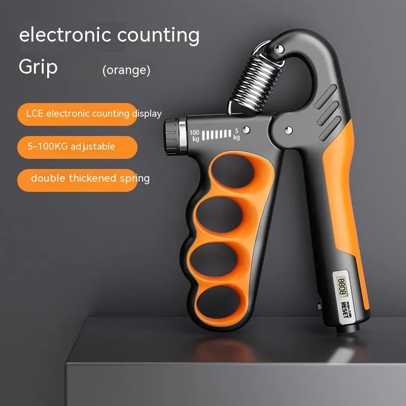 Spring grip hand strengthener with electronic counter display in orange, red, and grey colour options