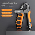 Spring grip hand strengthener with electronic counter display in orange, red, and grey colour options