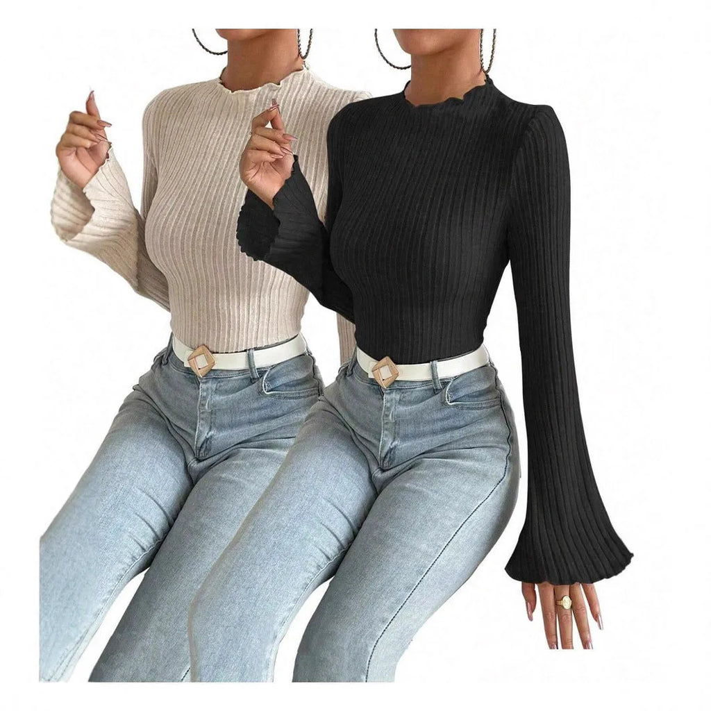 Black slim fit long sleeve polyester top with round neck and lantern sleeves on a hanger