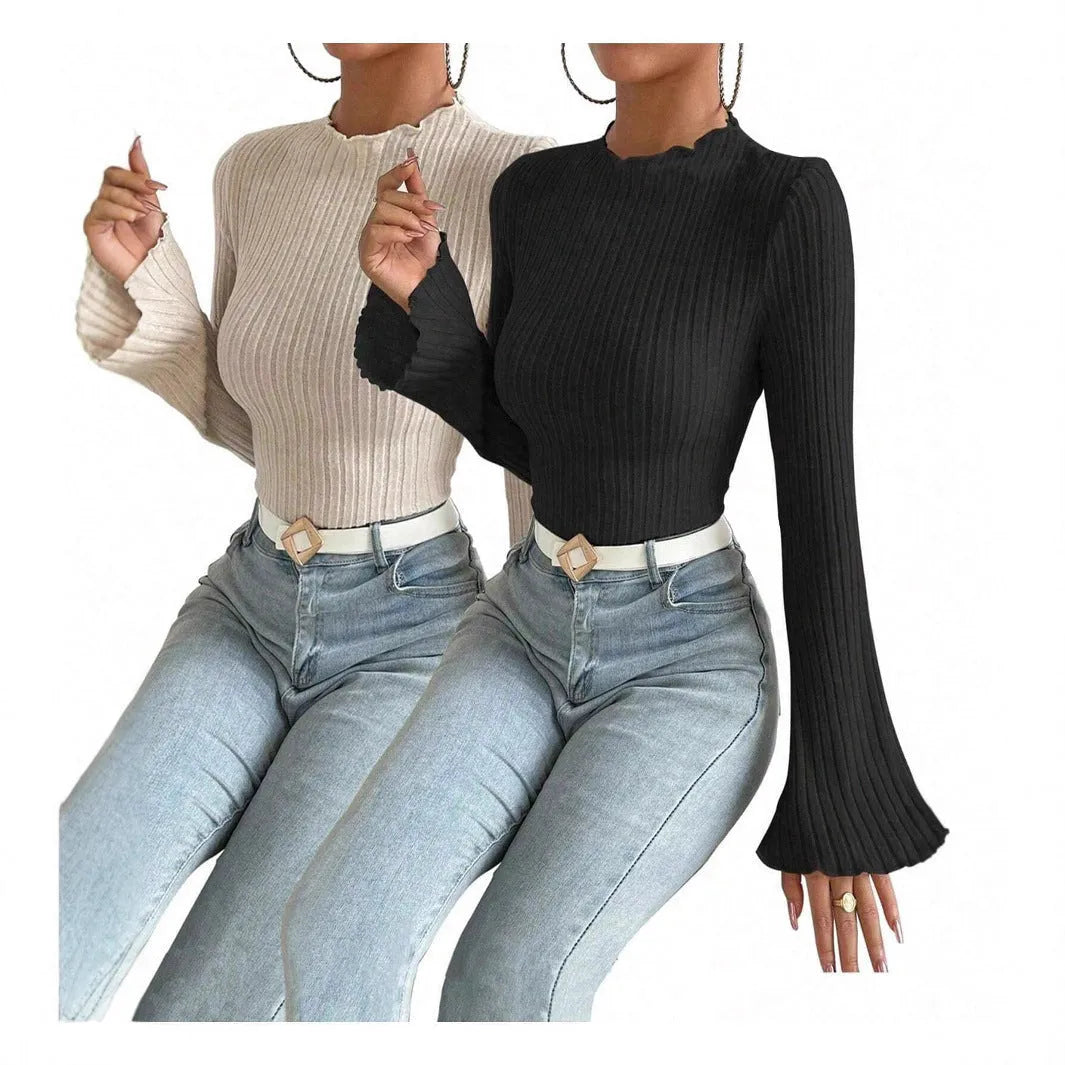 Black slim fit long sleeve polyester top with round neck and lantern sleeves on a hanger