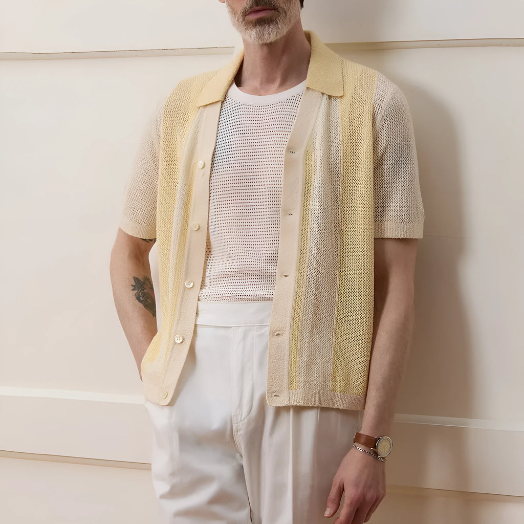 Yellow casual polo shirt with hollow-out design and asymmetric style in Tencel fabric