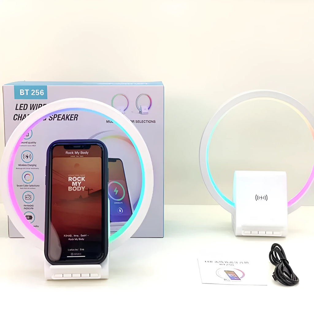 White Bluetooth speaker with wireless charging pad and ambient lighting, 225mm by 200mm dimensions