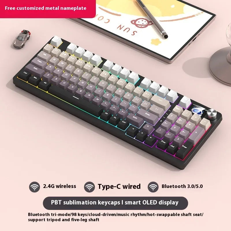 98-key wireless mechanical keyboard kit with metal control knob and optional display screen