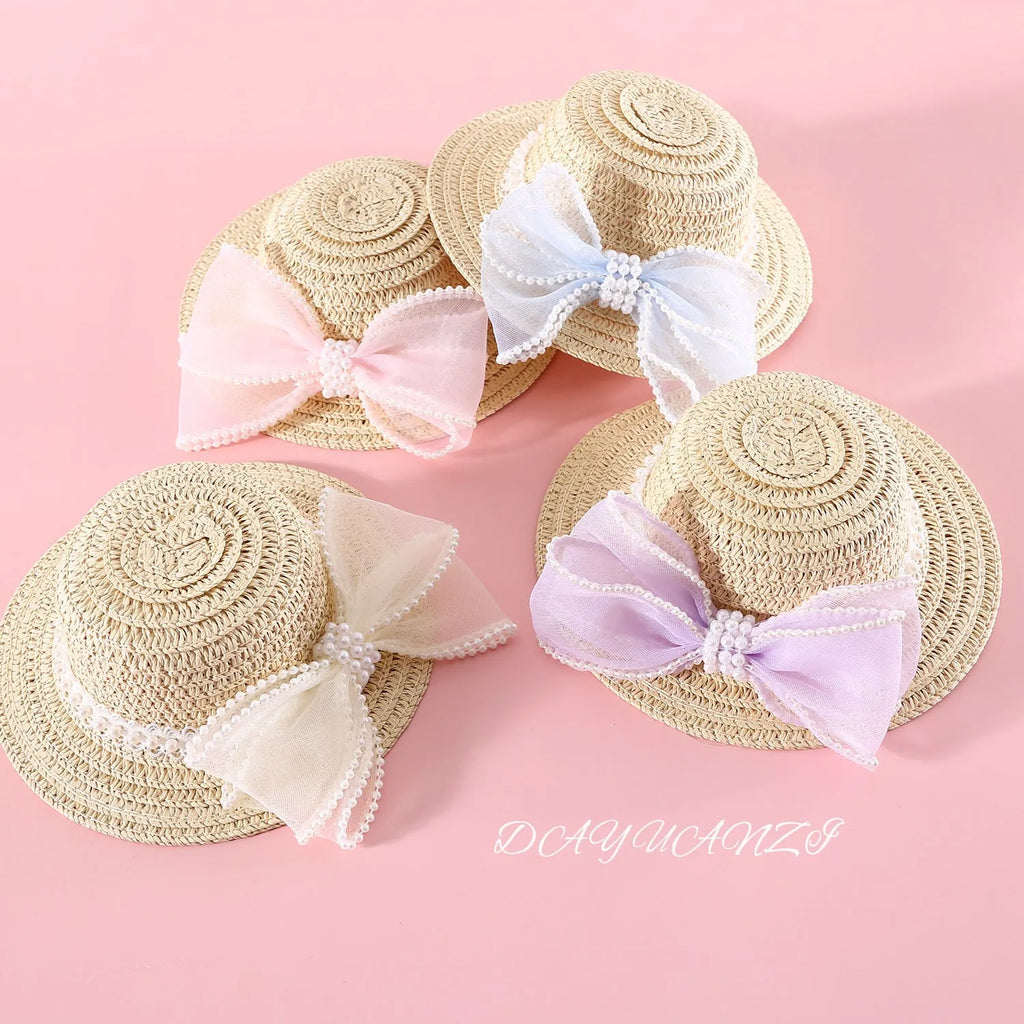 Woven straw pet cat hat with pearl bow in pink blue purple or white