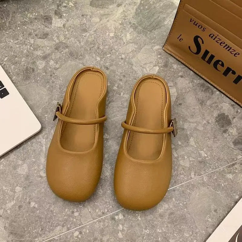 Women's apricot or khaki slip-on semi slipper with square buckle toe cap and PVC sole