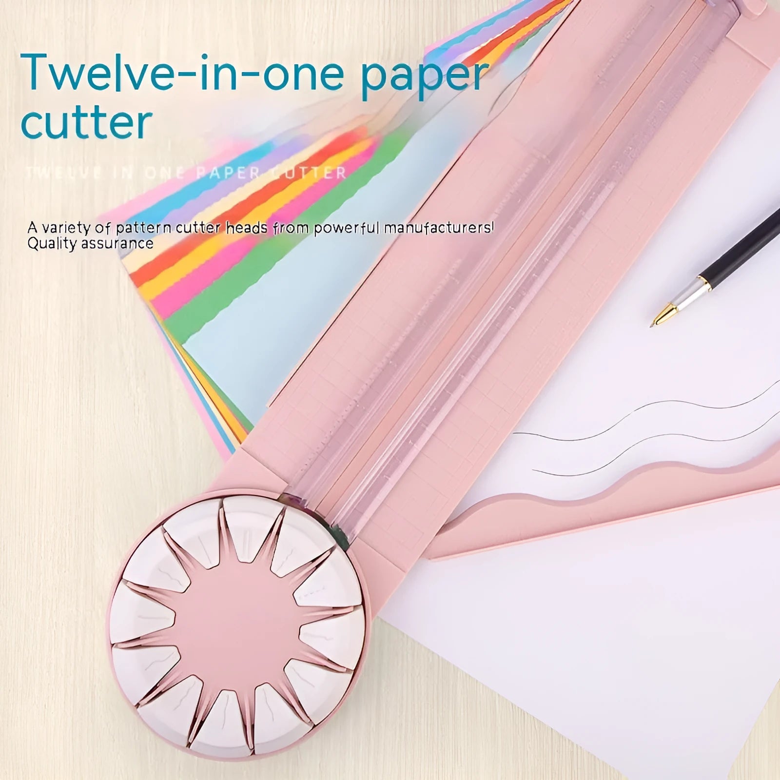 Pink plastic 12-in-1 manual paper cutting machine for decorative edges on craft paper